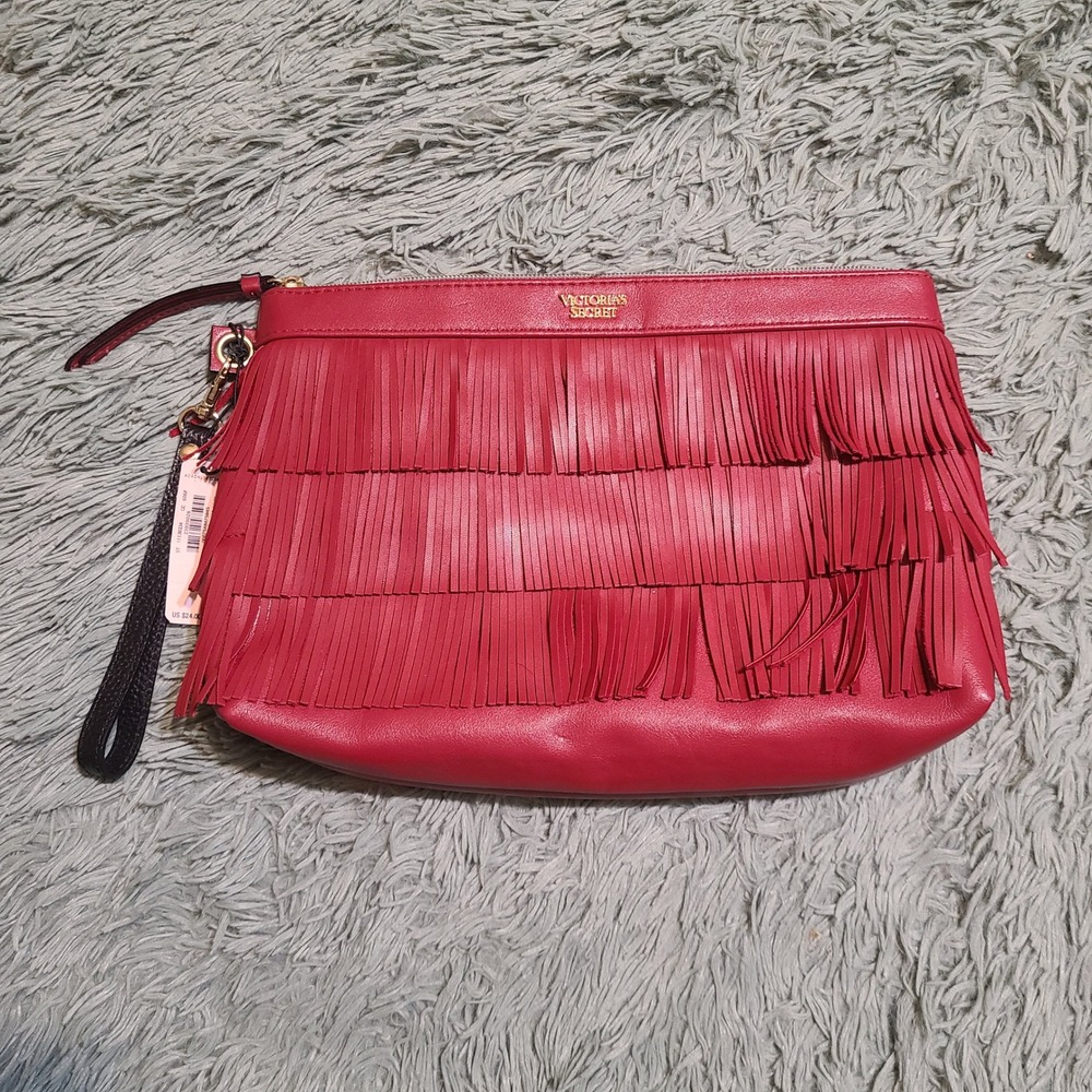Victorias Secret Red Faux Leather Fringe Wristlet Clutch NWT‎
